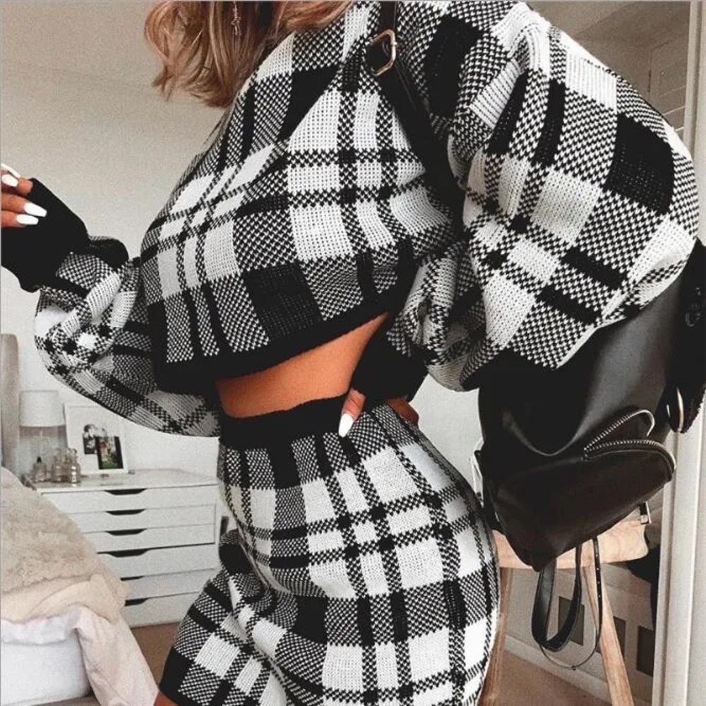 Black and White Plaid Sweater and Skirt Set